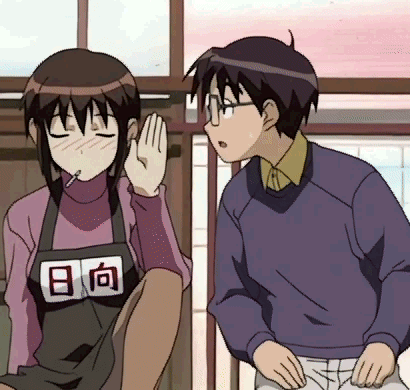 A Boy And A Girl Are Standing Next To Each Other With The Girl Wearing An Apron With Chinese Characters GIF