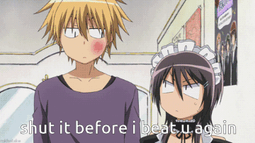 A Boy And A Girl Are Standing Next To Each Other With The Words Shut It Before I Beat U Again On The Bottom GIF