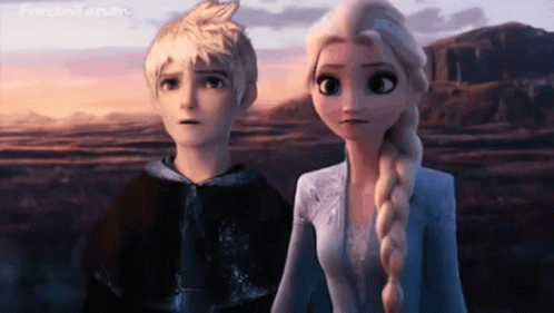 A Boy And A Girl From The Movie Frozen Are Standing Next To Each Other . GIF