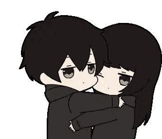 a boy and a girl hugging each other with their eyes closed .