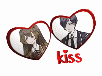 A Boy And A Girl In A Heart Shaped Frame With The Word Kiss Below Them GIF