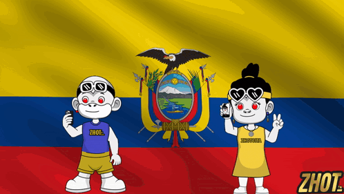 a boy and a girl standing in front of a ecuador flag