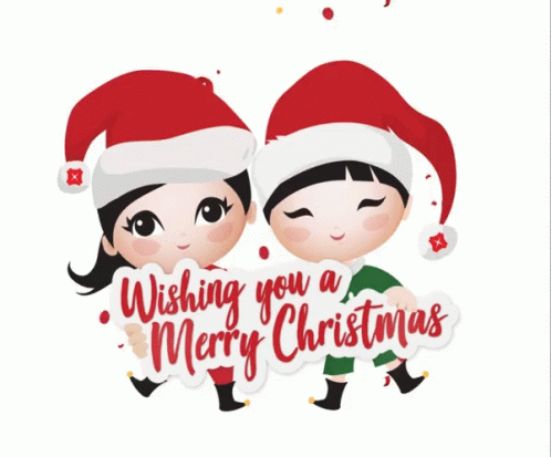 A Boy And A Girl Wearing Santa Hats Are Holding A Sign That Says Wishing You A Merry Christmas GIF