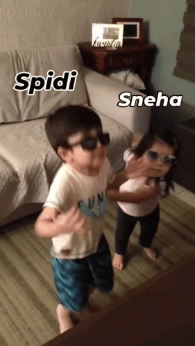 A Boy And A Girl Wearing Sunglasses Are Dancing In Front Of A Couch With The Name Spidi And Sneha Written On Them GIF