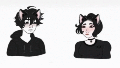 A Boy And A Girl With Cat Ears Are Standing Next To Each Other On A White Background . GIF