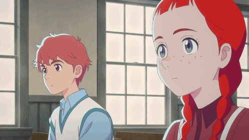 A Boy And A Girl With Red Hair Are Sitting Next To Each Other In Front Of A Window GIF