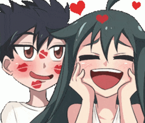 A Boy And A Girl With Red Kisses On Their Face GIF