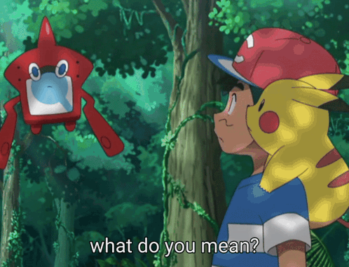 A Boy And A Pikachu Are Looking At A Red Pokemon With The Words What Do You Mean Written Below Them GIF
