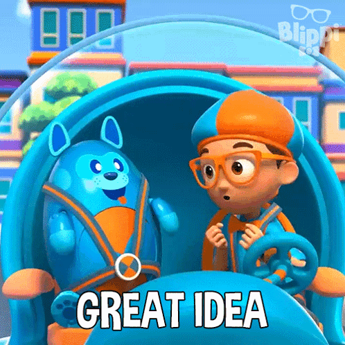 A Boy And A Robot Are Sitting In A Car With The Words Great Idea Written On It GIF