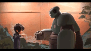 A Boy And A Robot Are Standing Next To Each Other In Front Of A Wall . GIF