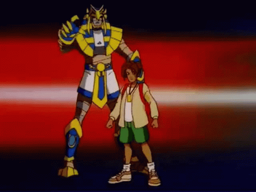 A Boy And A Robot Are Standing Next To Each Other On A Red Background In A Cartoon . GIF