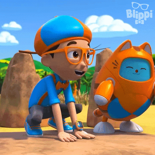 A Boy And A Robot From Blippi Are Kneeling Down GIF