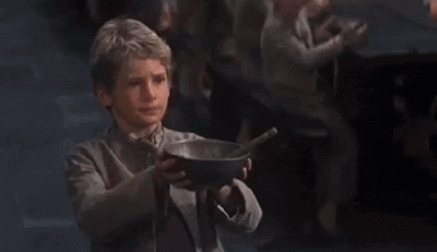 A Boy Holding A Bowl Of Soup With The Words I Want Some Less GIF