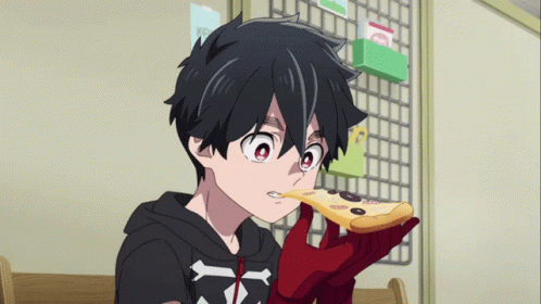 A Boy In A Black Shirt With The Letter T On It Is Eating A Piece Of Pizza GIF
