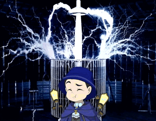 A Boy In A Blue Cape Stands In Front Of A Cage With Lightning Coming From It GIF