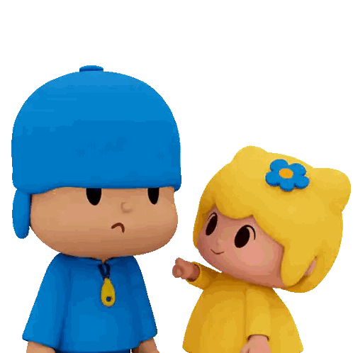 a boy in a blue hat is talking to a girl in a yellow outfit