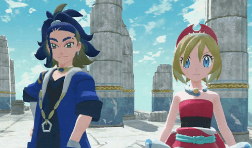 A Boy In A Blue Jacket And A Girl In A Red Dress Are Standing Next To Each Other GIF