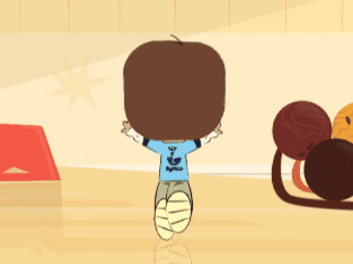 A Boy In A Blue Shirt Is Standing In Front Of A Bowling Alley GIF