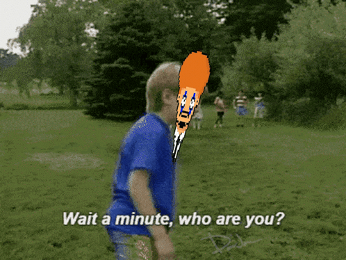 A Boy In A Blue Shirt Says Wait A Minute Who Are You In A Park GIF