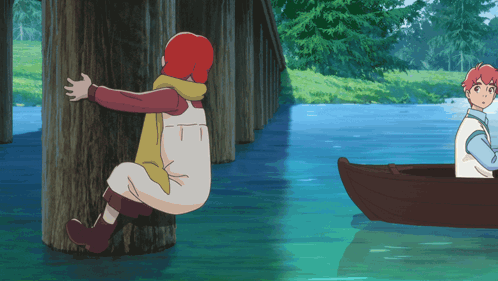 A Boy In A Boat Is Looking At A Girl Sitting On A Wooden Post GIF