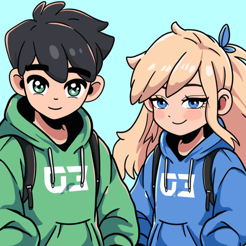 A Boy In A Green Hoodie And A Girl In A Blue Hoodie With The Letter G On The Front GIF