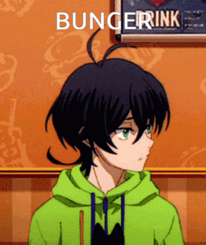 A Boy In A Green Hoodie Has The Word Bungerink On The Bottom Right GIF