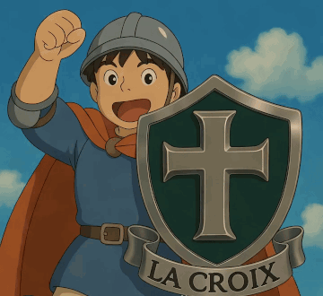 A Boy In A Helmet Holds A Shield With A Cross On It That Says La Croix GIF