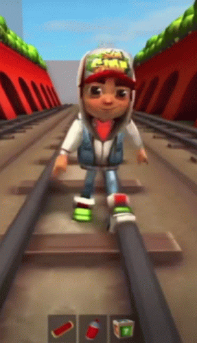 A Boy In A Hoodie Is Playing A Video Game Called Subway Surfers GIF