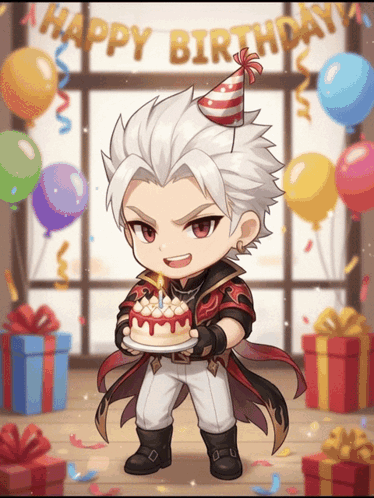 a boy in a party hat is holding a birthday cake in front of a happy birthday banner