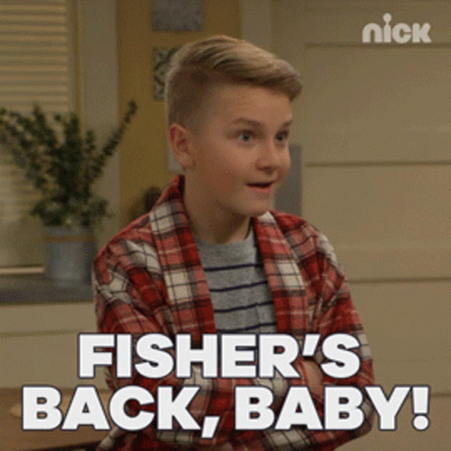 A Boy In A Plaid Shirt Says " Fisher 'S Back Baby ! " GIF