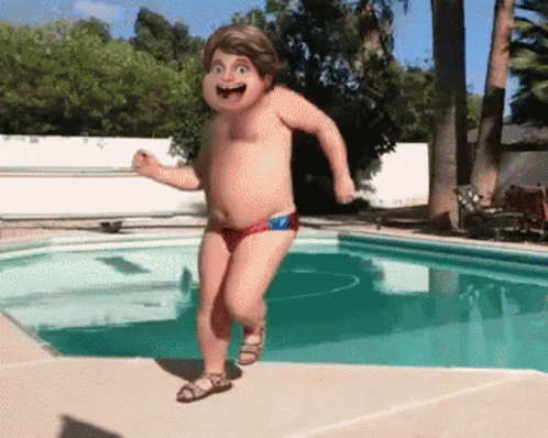 A Boy In A Red And Blue Swim Trunks Is Running Into A Swimming Pool GIF