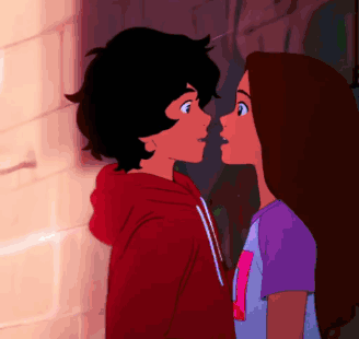 A Boy In A Red Hoodie And A Girl In A Purple Shirt Are Kissing Each Other GIF