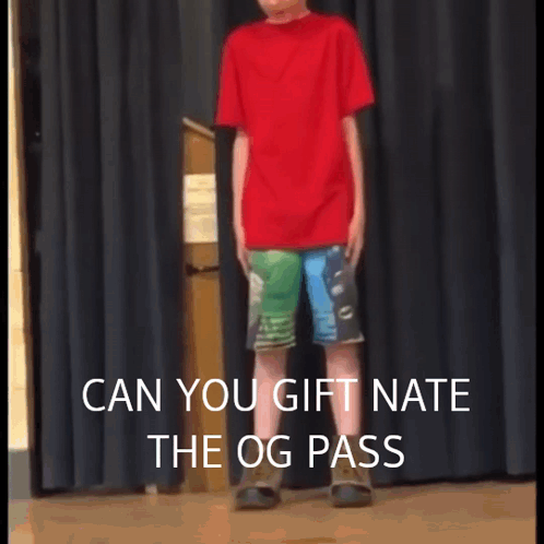 A Boy In A Red Shirt And Shorts Is Standing In Front Of A Black Curtain With The Words Can You Gift Nate GIF