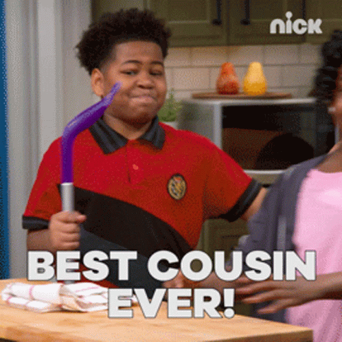 A Boy In A Red Shirt Is Holding A Purple Object And The Words Best Cousin Ever Are Below Him GIF