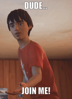 A Boy In A Red Shirt With The Words Dude Join Me Below Him GIF