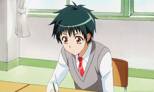 A Boy In A School Uniform Sits At A Desk With A Pencil In His Hand GIF