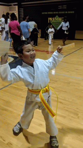 A Boy In A White Karate Uniform With A Yellow Belt Stands In Front Of A Sign That Says Premier Martial Arts GIF