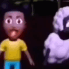 A Boy In A Yellow Shirt And Blue Pants Is Standing Next To A Purple And White Cartoon Character . GIF