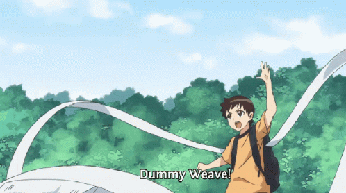 A Boy In A Yellow Shirt Is Holding A Long White Ribbon With The Words Dummy Weave Below Him GIF