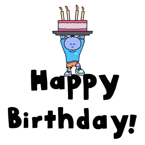 a boy is holding a birthday cake over his head and the words happy birthday are below him