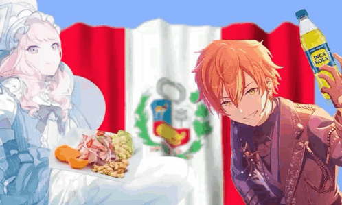 A Boy Is Holding A Bottle Of Inca Kola In Front Of A Flag GIF