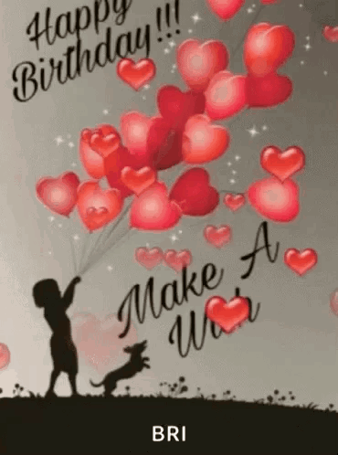 A Boy Is Holding A Bunch Of Balloons In The Shape Of Hearts . GIF