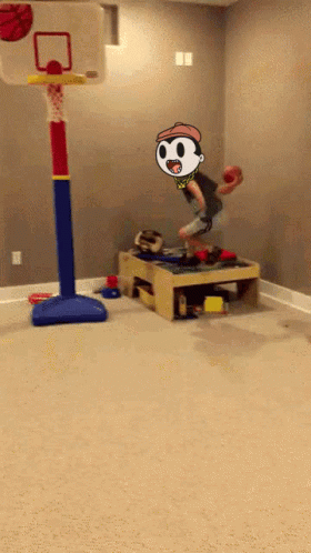 A Boy Is Jumping In The Air With A Basketball In His Hand . GIF