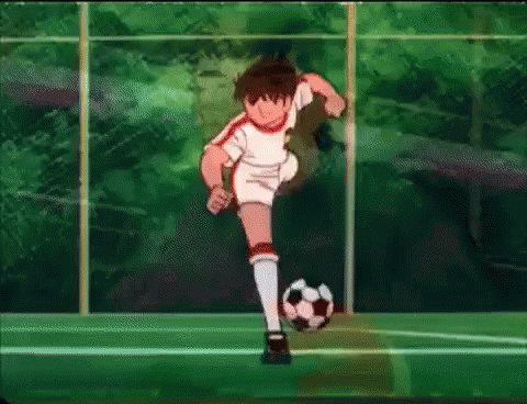 a boy is kicking a soccer ball on a field in a cartoon .