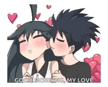 A Boy Is Kissing A Girl On The Cheek With Hearts Flying Around Them . GIF