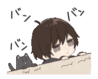 a boy is peeking over a wall with a black cat behind him .