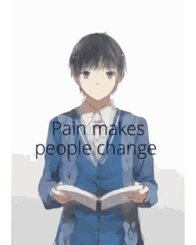a boy is reading a book with the words pain makes people change