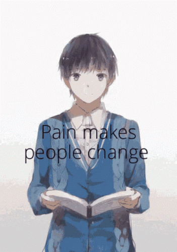 A Boy Is Reading A Book With The Words Pain Makes People Change Written Below Him GIF