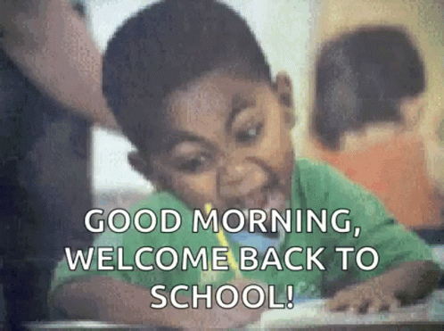A Boy Is Sitting At A Desk With A Pencil In His Mouth And The Words `` Good Morning , Welcome Back To School '' GIF