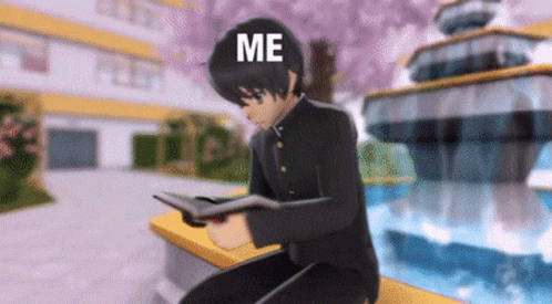 A Boy Is Sitting On A Bench Reading A Book With The Words `` Me '' On His Head . GIF